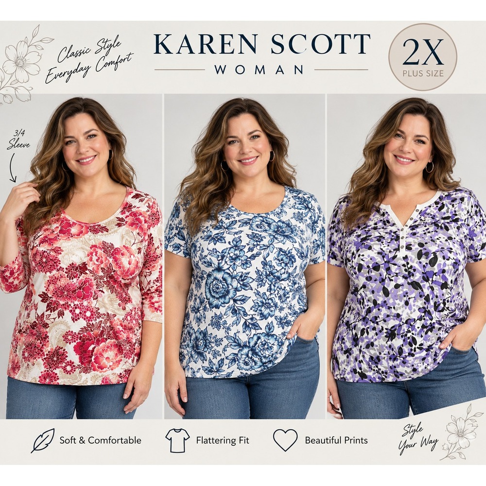 Karen Scott Shirt Lot 3 Womens 2X Plus Cotton Blend Floral Top Henley 3/4 Sleeve